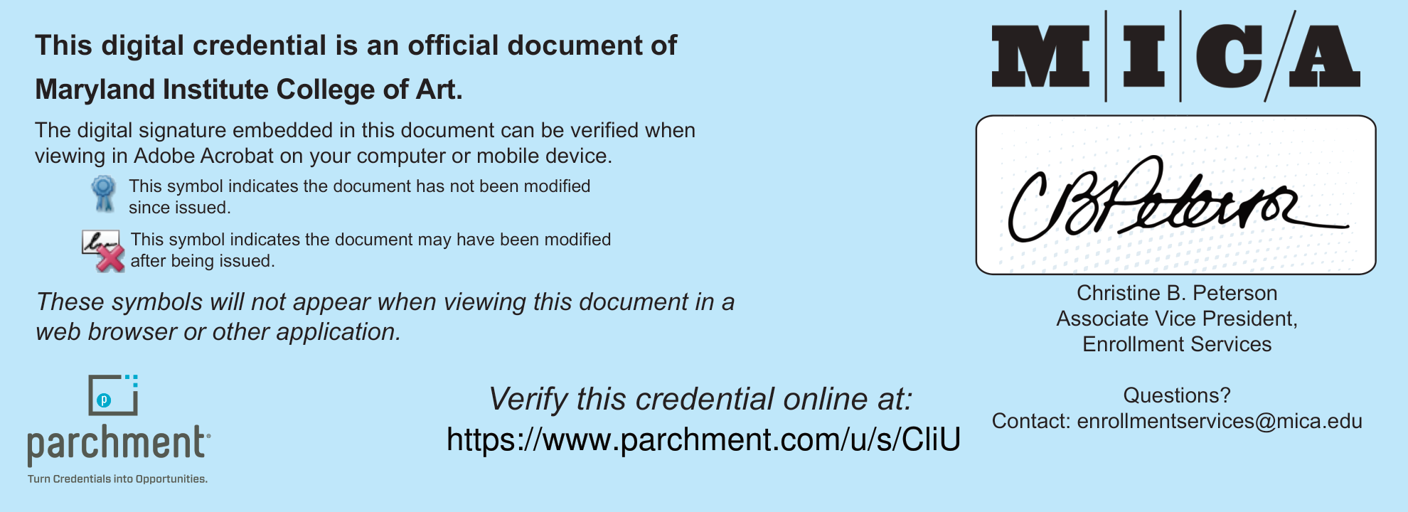 MICA's Parchment certified-credential verification page for this diploma.