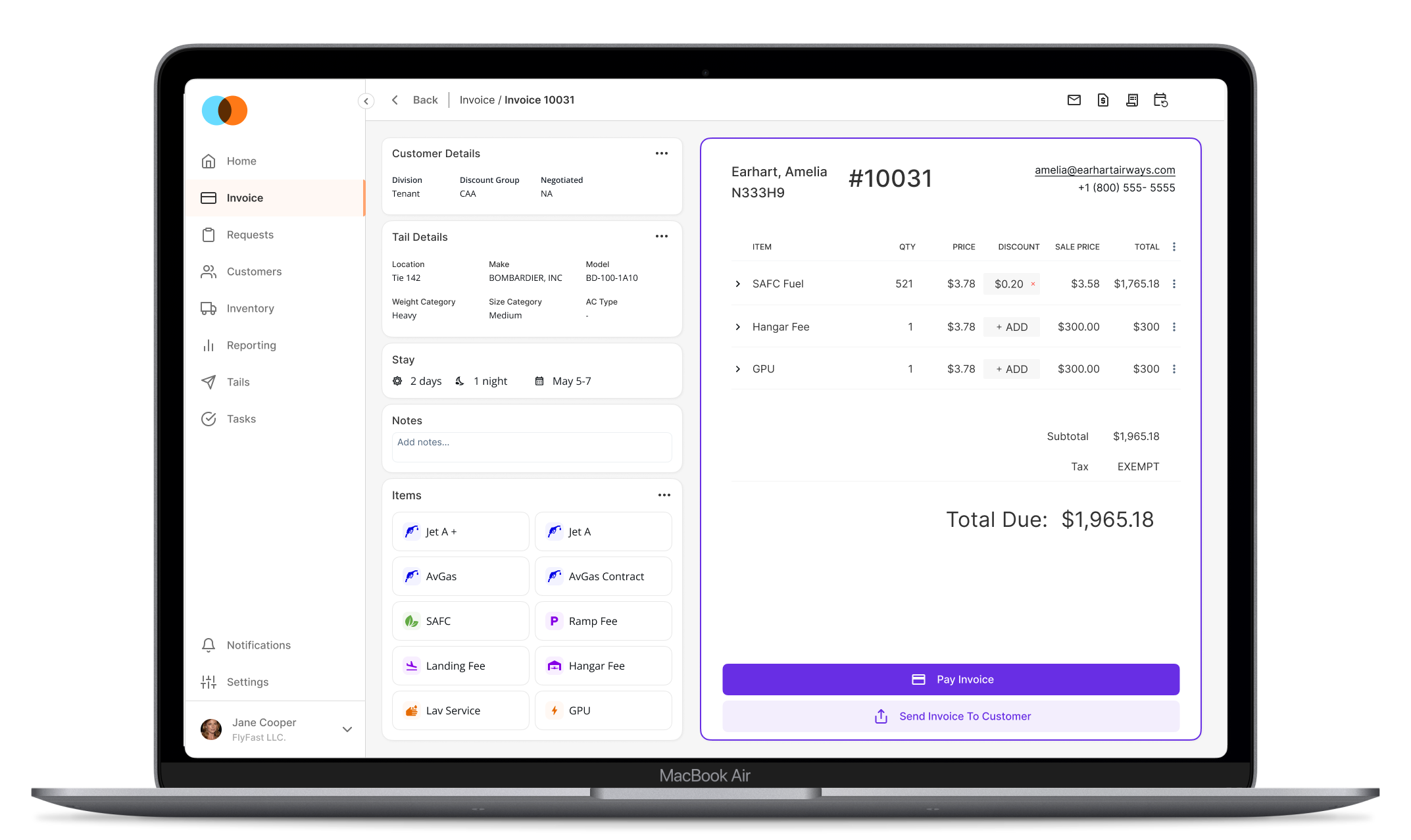 The redesigned invoice on a laptop, with customer and tail details on the left and a clean line-item invoice and Pay Invoice action on the right.
