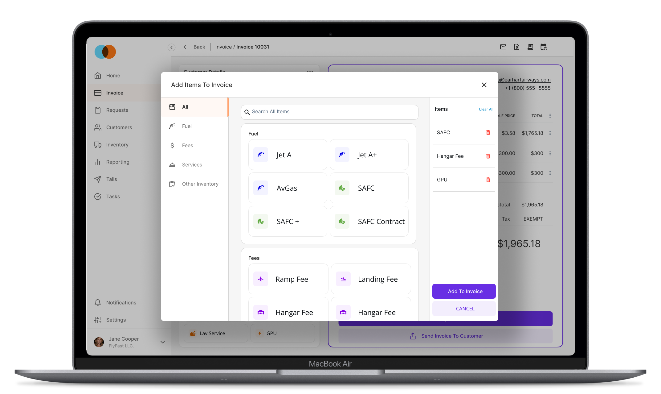 Final invoice design with an in-context line-item detail modal open.