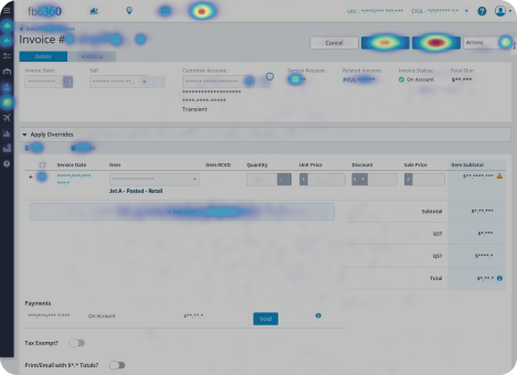Behavior-analytics heat map over the invoice screen; the hottest zones are the Save and Save & Close buttons in the top right.