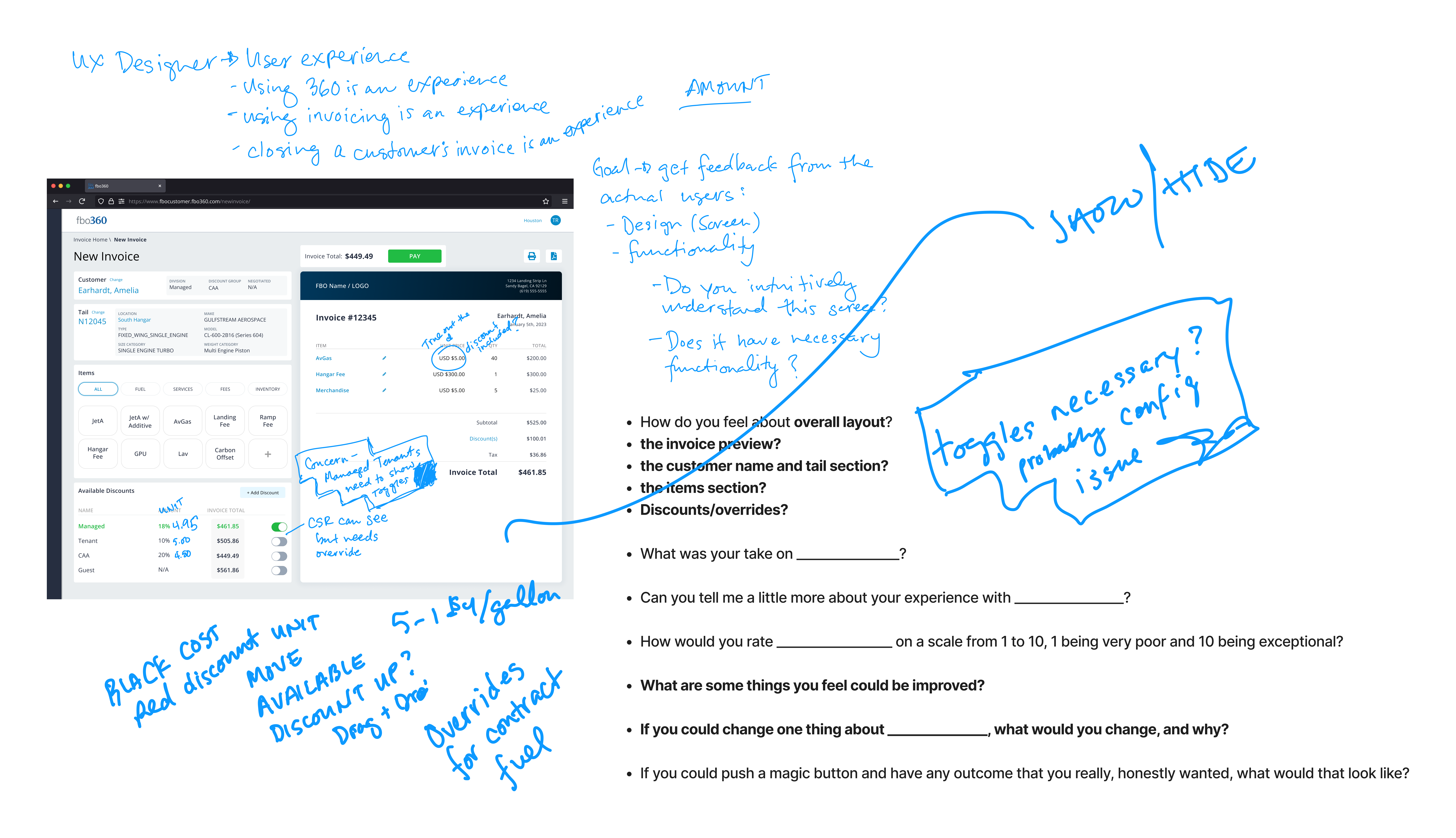 Notes captured during a customer feedback session, alongside the interview questions used.