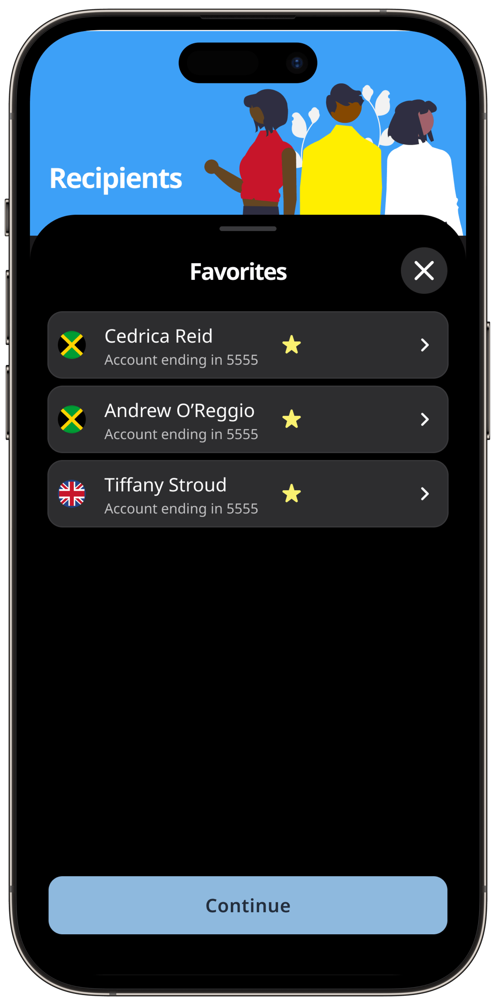 Recipients screen showing saved favorites.