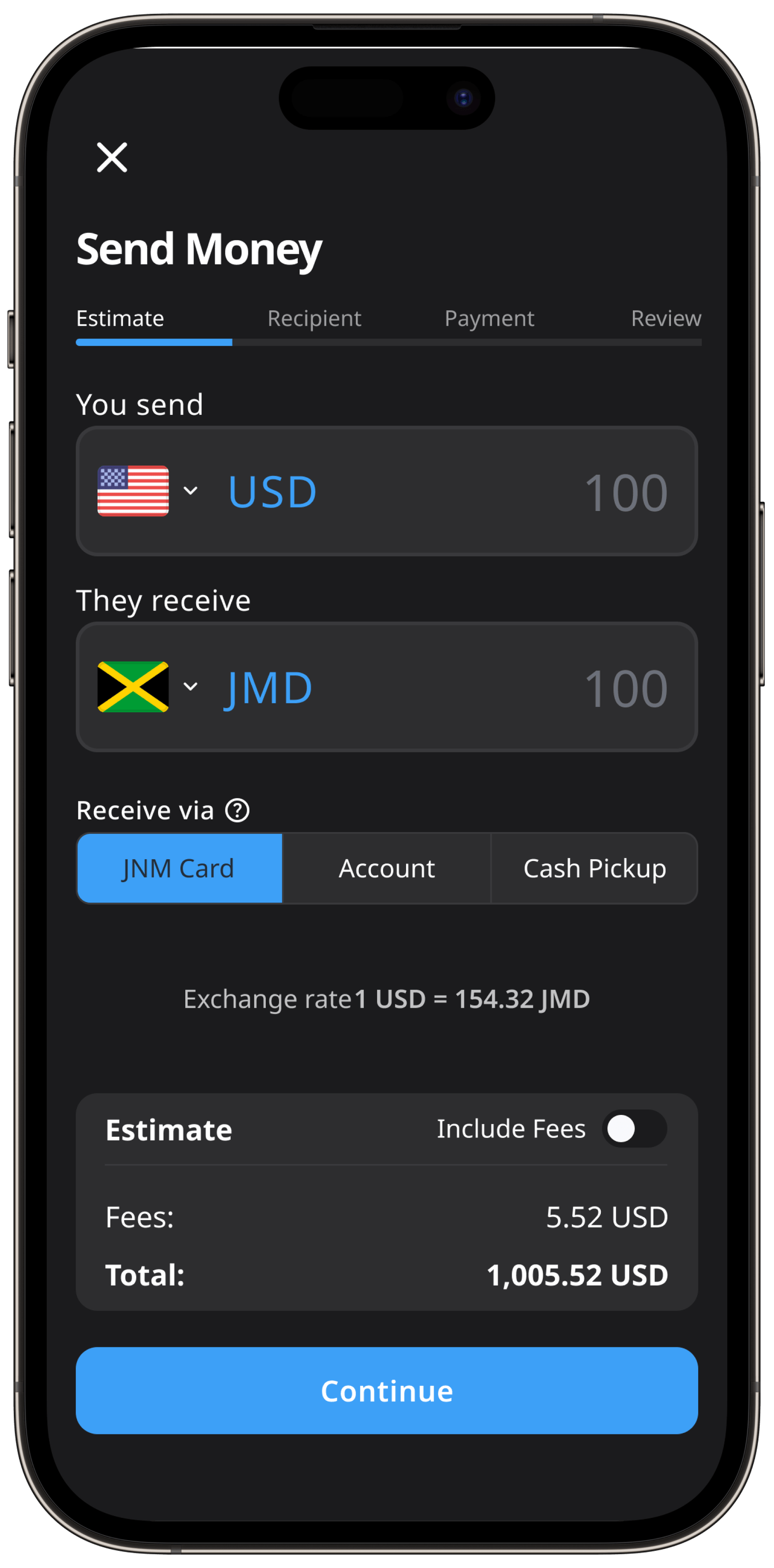 Send Money screen in dark mode.