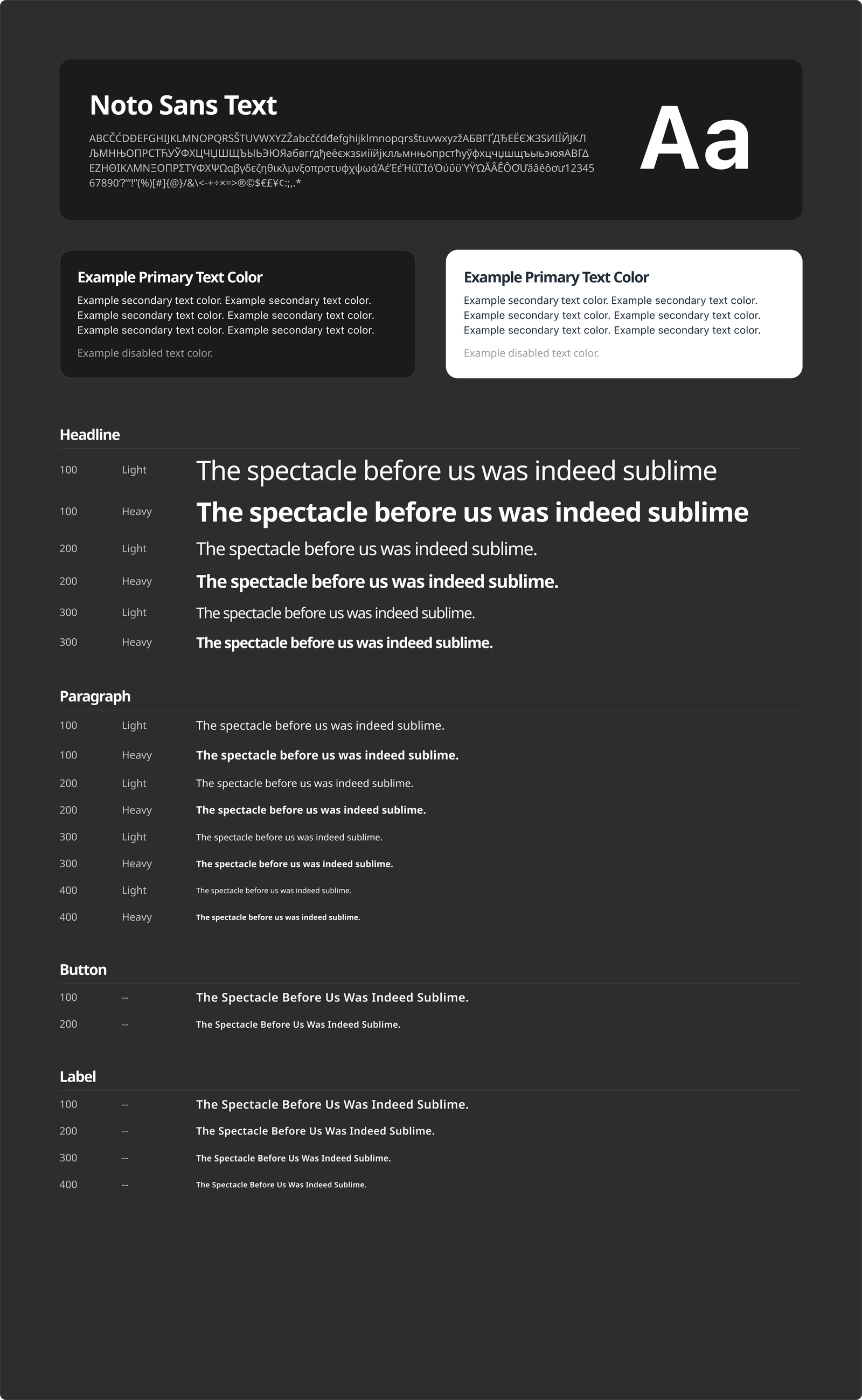 The same typography scale in dark mode.